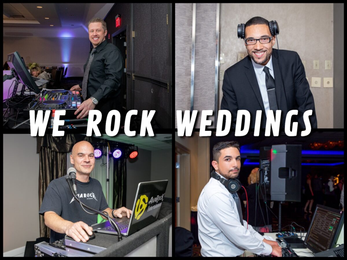 featured image for a blog titled "Top Questions To Ask Your Wedding DJ" with 4 male djs and text over top that says "We Rock Weddings"
