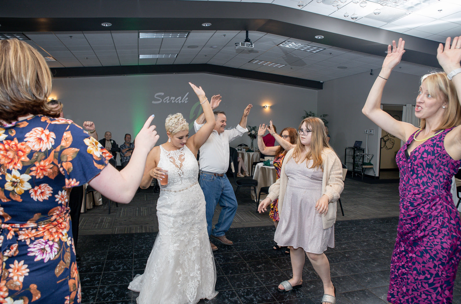 Group of people dancing to music at a wedding 