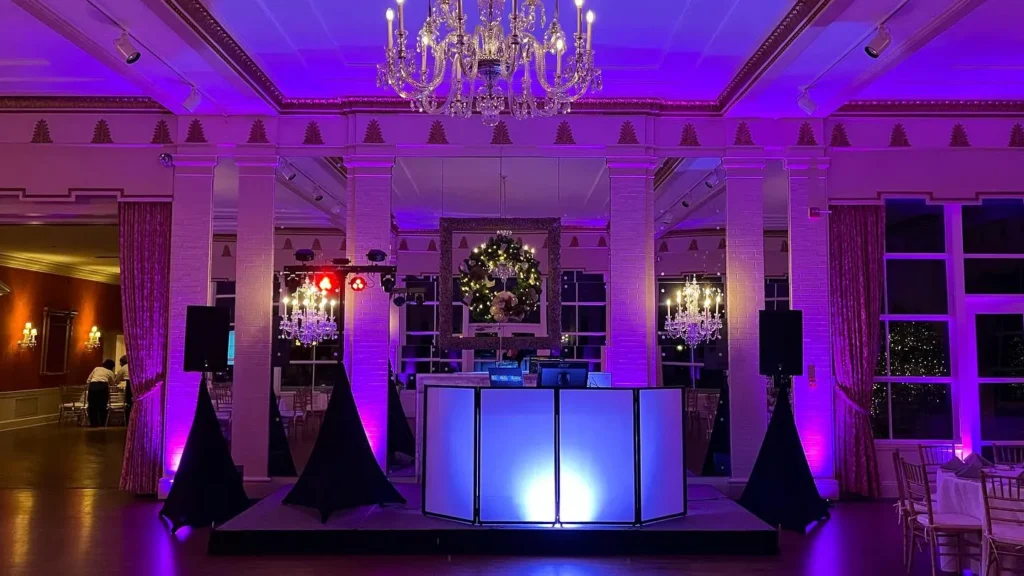 Personalized DJ booth and wedding dance floor lighting